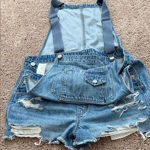 American Eagle Outfitters Distressed Light Blue Denim Short Overalls